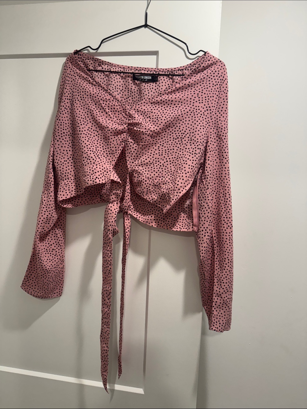 Fashion Union Pink Black Polka Dot Cropped Tie-Front Top